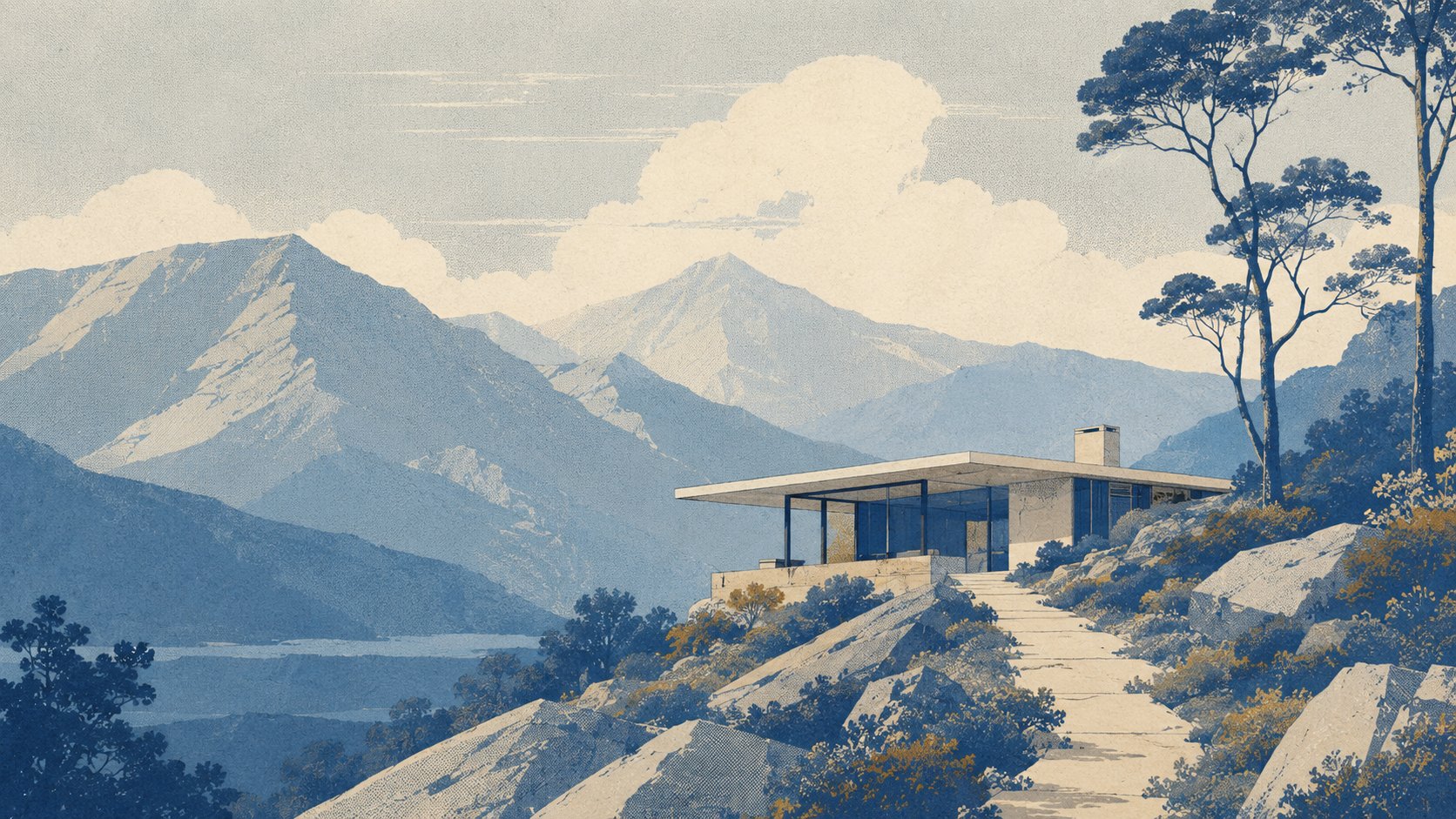 Illustrated modern house set between mountains and a quiet coast.